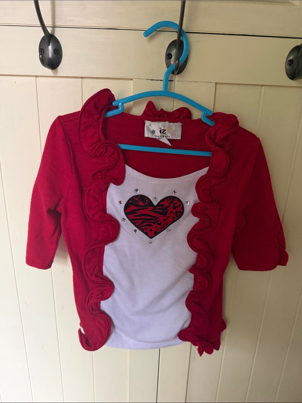 3/$6 Amy Byer Red Ruffle Cardigan Set with White Heart Tee